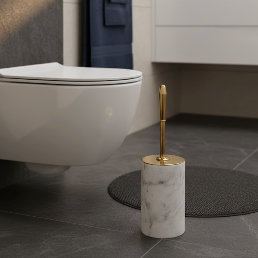 White Marble Toilet Brush Holder – Gold Handle