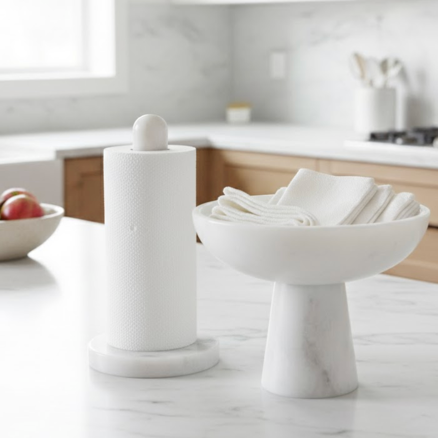 White Marble 2 Piece Towel Holder Set – Bowl Style & Paper Towel Holder