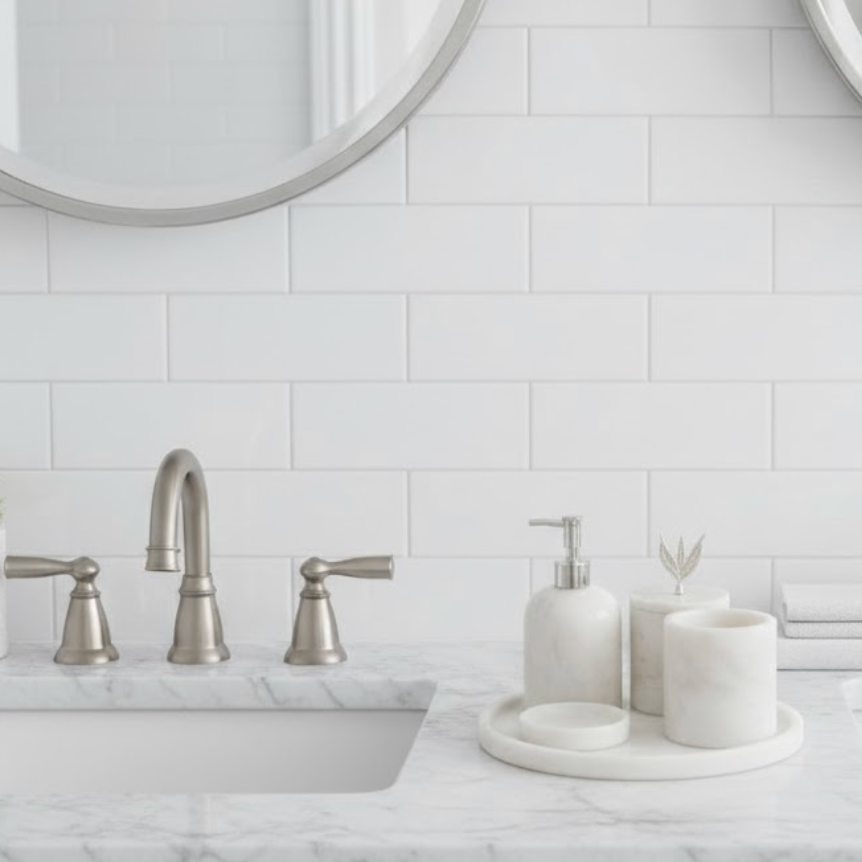 White Marble Bathroom Set with Silver Olive Branch Detail (5 Pieces, Handcrafted)