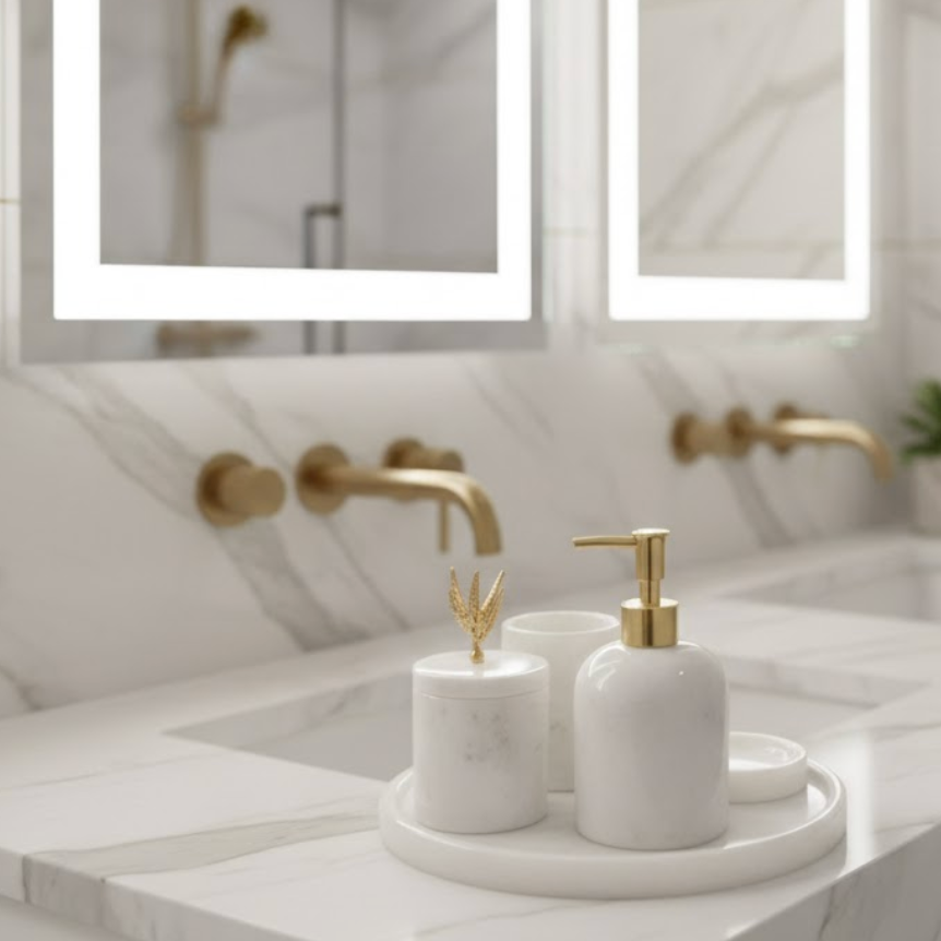 White Marble Bathroom Set with Gold Olive Branch Detail (5 Pieces, Handcrafted)