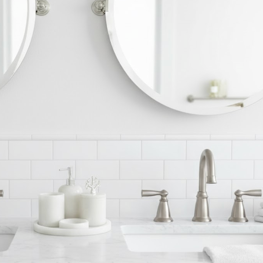 White Marble Bathroom Set with Silver Coral Detail (5 Pieces, Handcrafted)