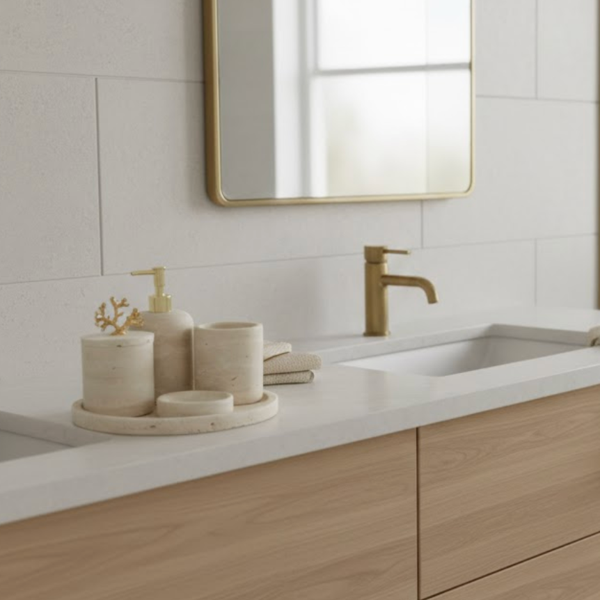 Travertine Bathroom Set with Gold Coral Detail (5 Pieces, Handcrafted)