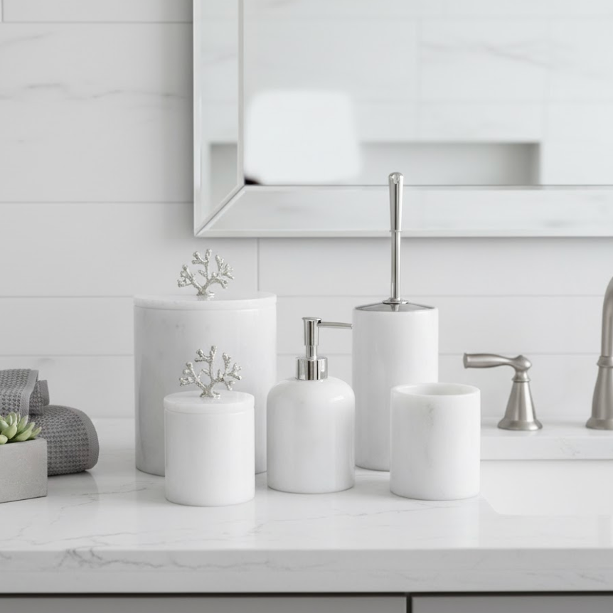 White Marble Bathroom Set with Silver Coral Detail (5 Pieces, Handcrafted)