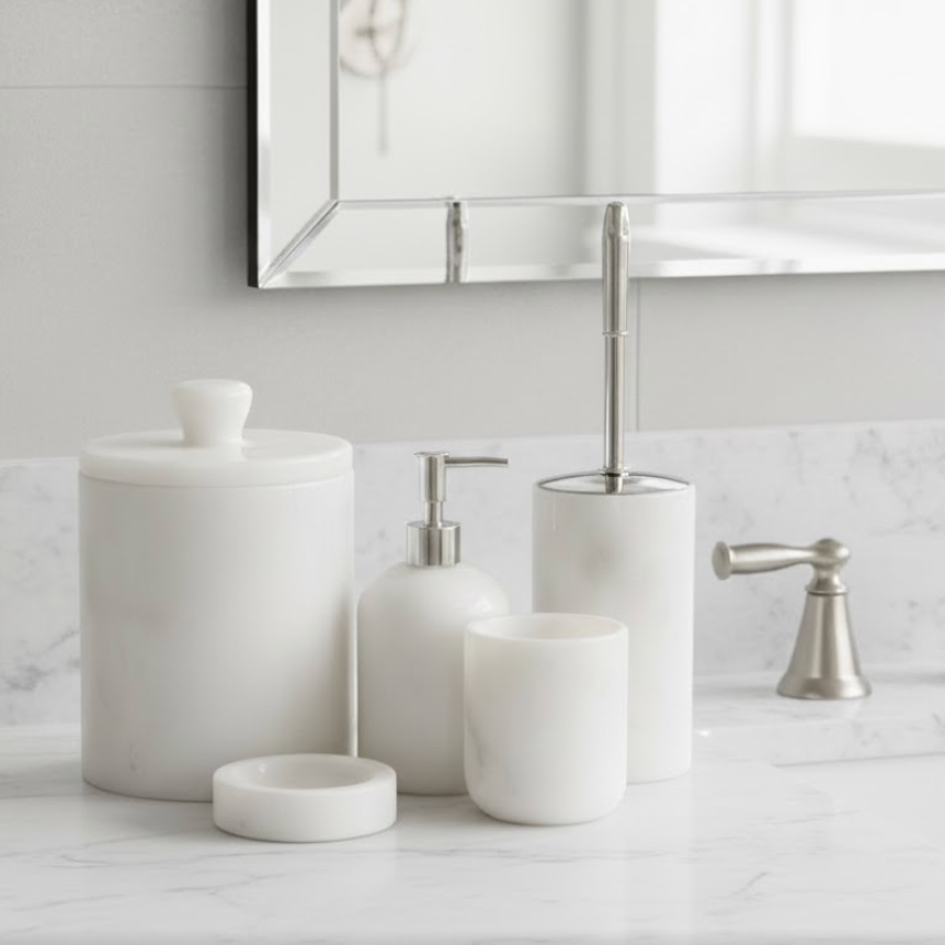 White Marble Bathroom Set – 5 Pieces (Handcrafted)
