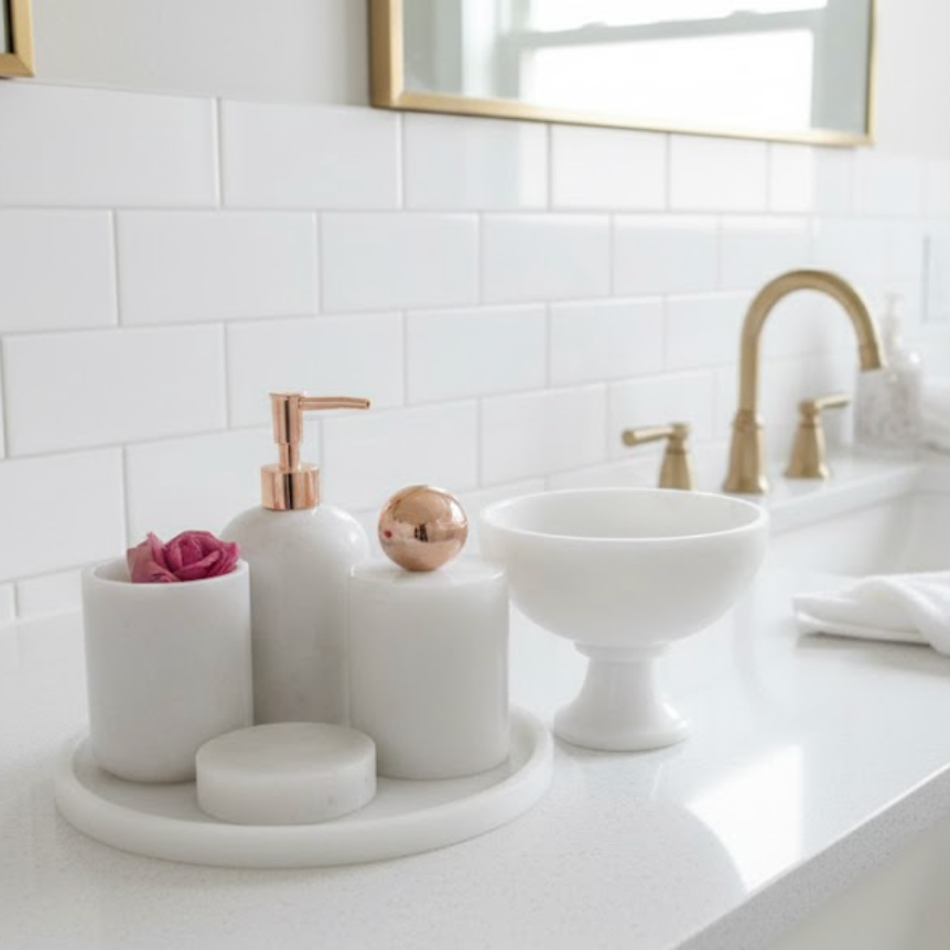 White Marble Bathroom Set – 6 Pieces (Handcrafted)