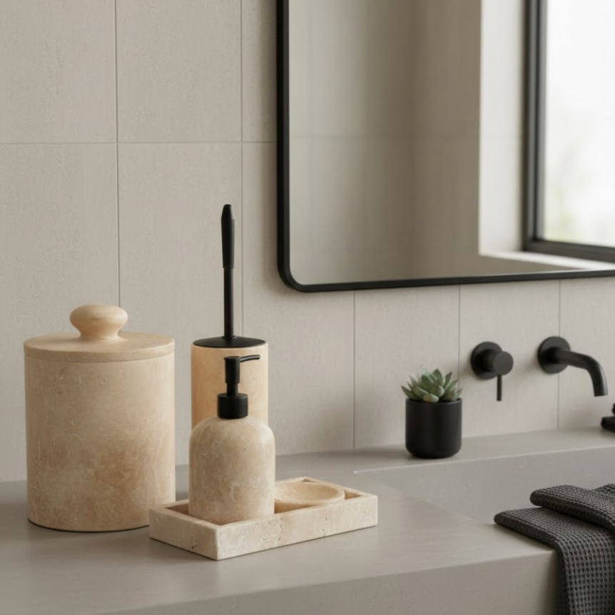 Travertine Bathroom Set with Rectangular Tray – 5 Pieces (Handcrafted)