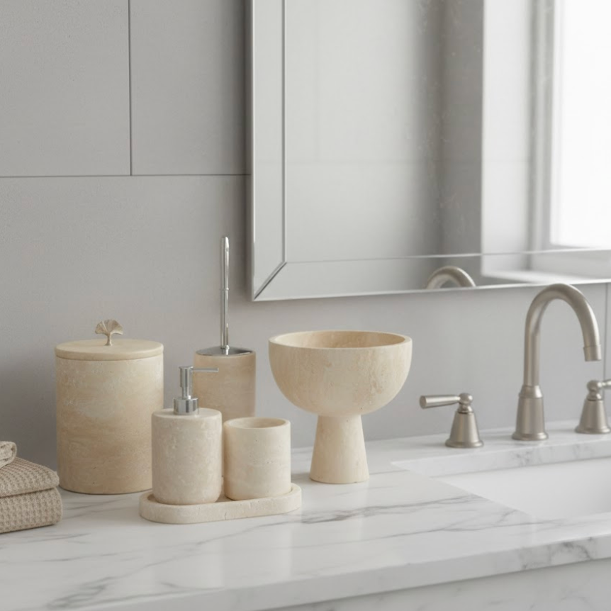 Travertine Bathroom Set – 6 Pieces with Pedestal Towel Bowl (Handcrafted)