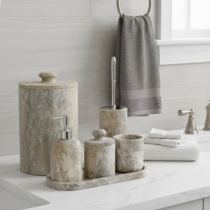 Silver Travertine Bathroom Set – 6 Pieces (Handcrafted)