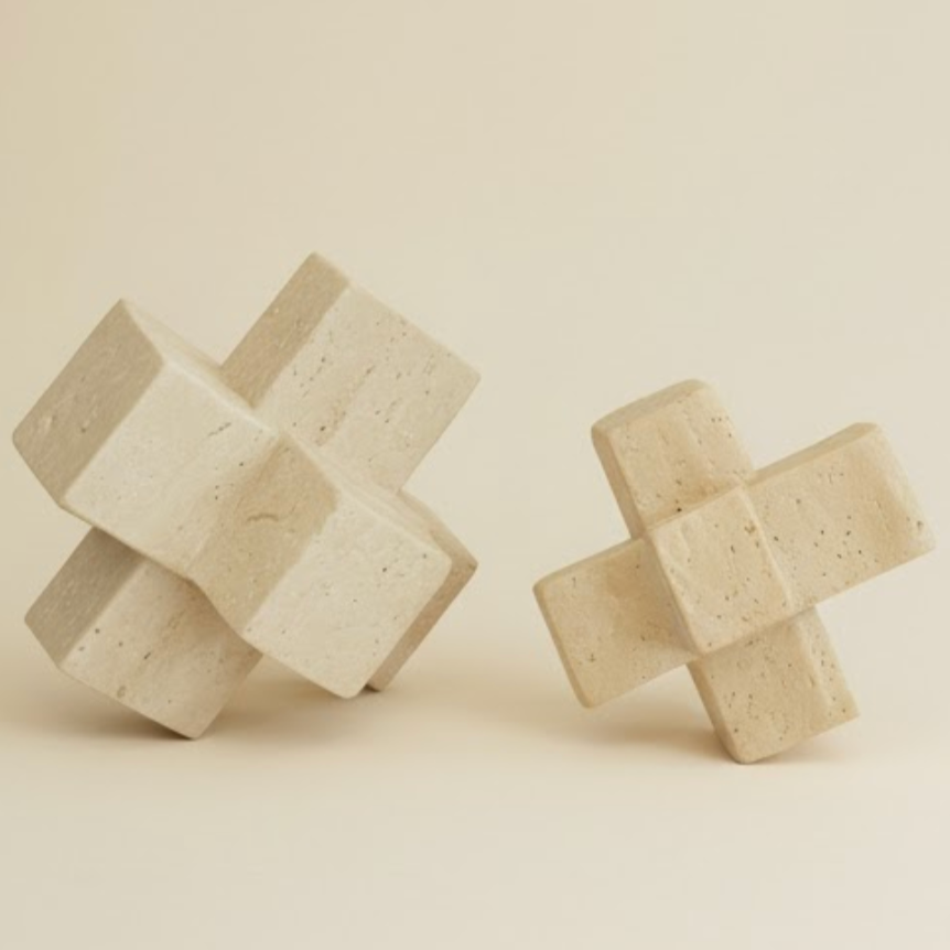 Travertine Natural Stone Decorative Object Set – 2 Pieces (Handcrafted)