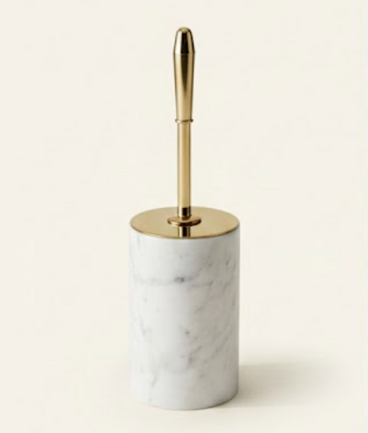 White Marble Toilet Brush Holder – Gold Handle