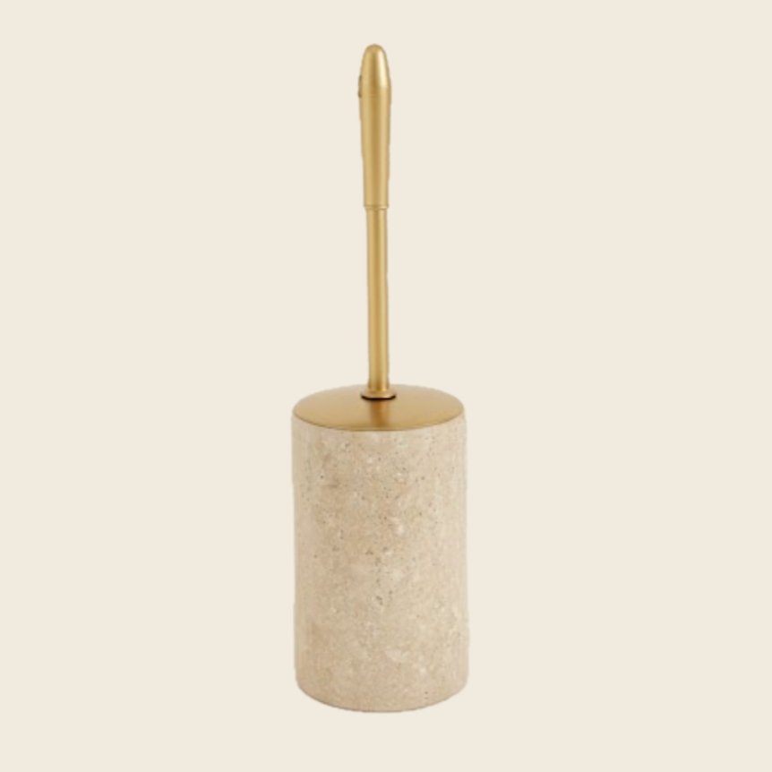 Natural Travertine Toilet Brush Holder – Gold Handle