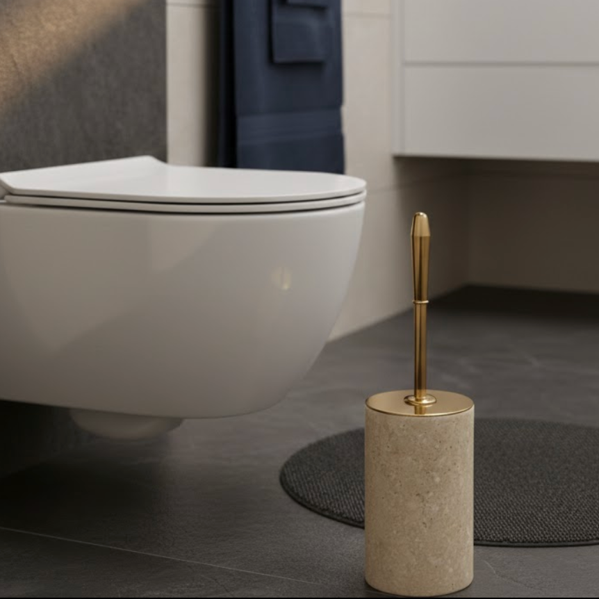 Natural Travertine Toilet Brush Holder – Gold Handle