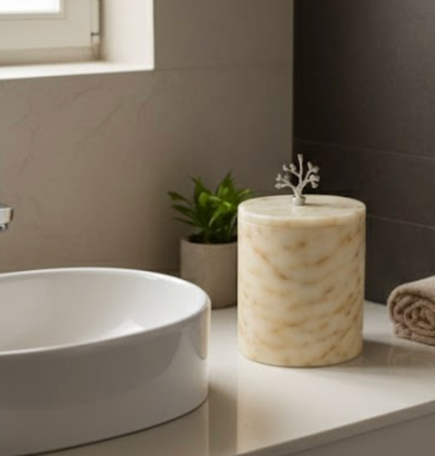 Honey Onyx Marble Waste Bin with Silver Handle – Lid Design