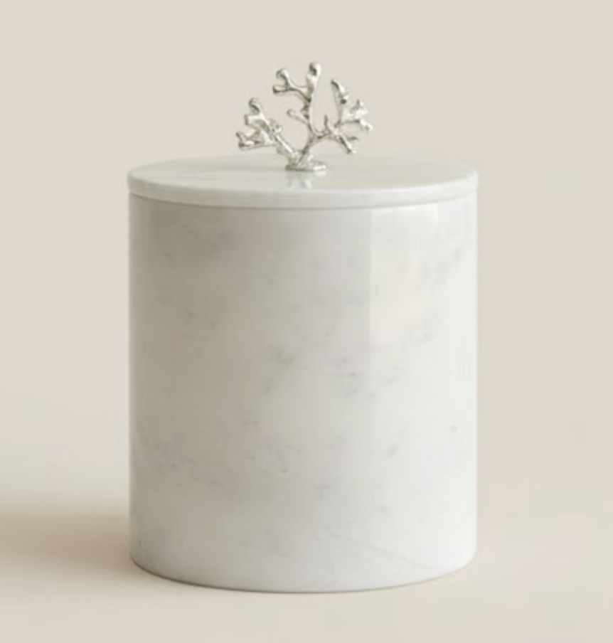 White Marble Waste Bin with Silver Coral Handle – Lid Design