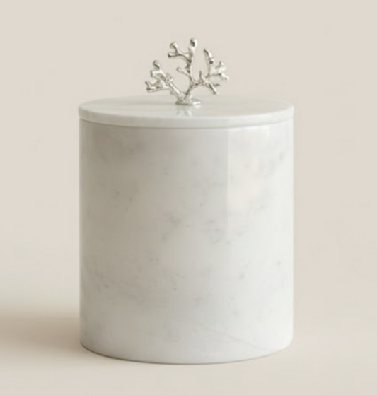 White Marble Waste Bin with Silver Coral Handle – Lid Design