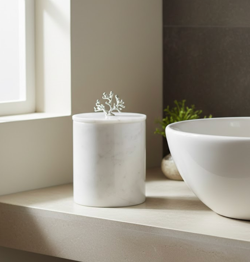 White Marble Waste Bin with Silver Coral Handle – Lid Design