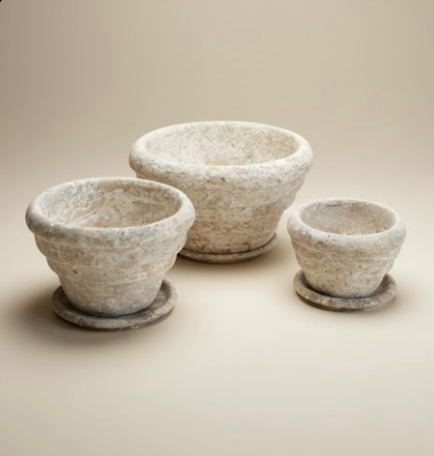 Silver Travertine Natural Stone Planter Set – 3 Pieces