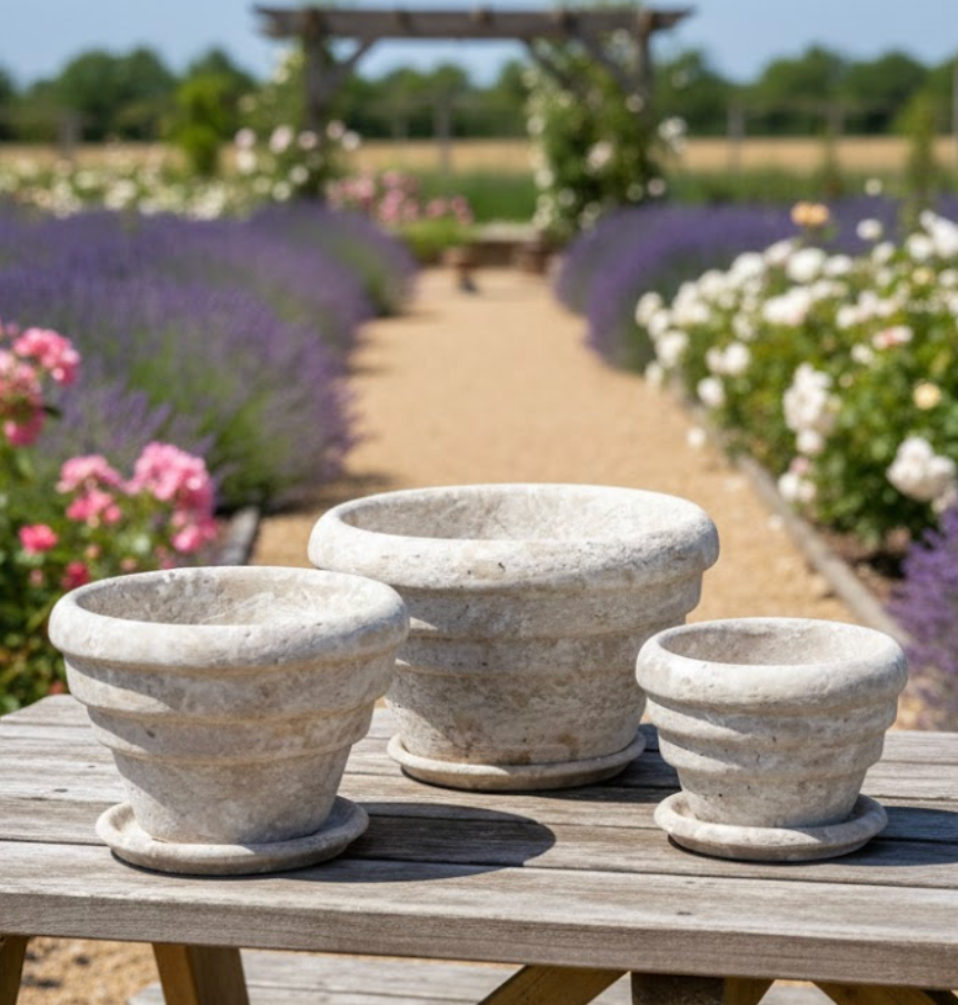 Silver Travertine Natural Stone Planter Set – 3 Pieces