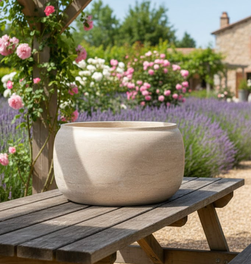 Travertine Pumpkin-Shaped Planter / Bowl – Handcrafted