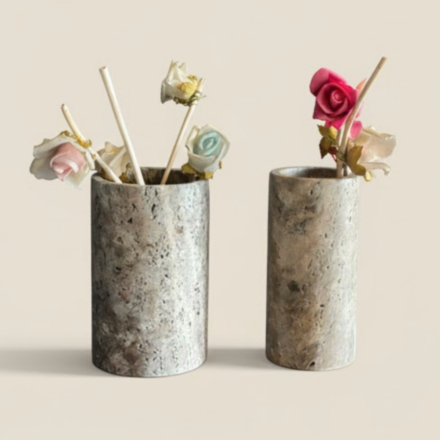 Silver Travertine Vase Set – Set of 2
