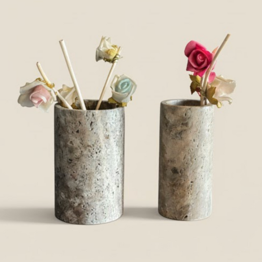 Silver Travertine Vase Set – Set of 2
