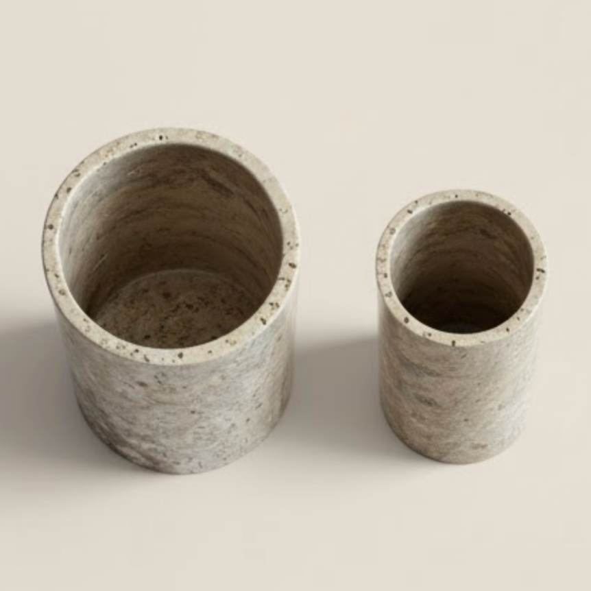 Silver Travertine Vase Set – Set of 2