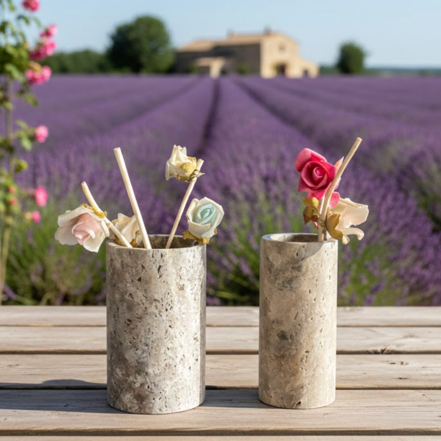 Silver Travertine Vase Set – Set of 2