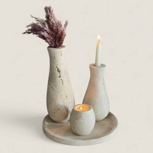 Travertine Natural Stone Candle Holder & Vase Set – 4 Pieces