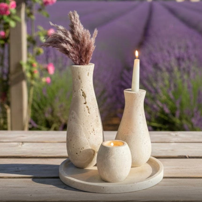 Travertine Natural Stone Candle Holder & Vase Set – 4 Pieces
