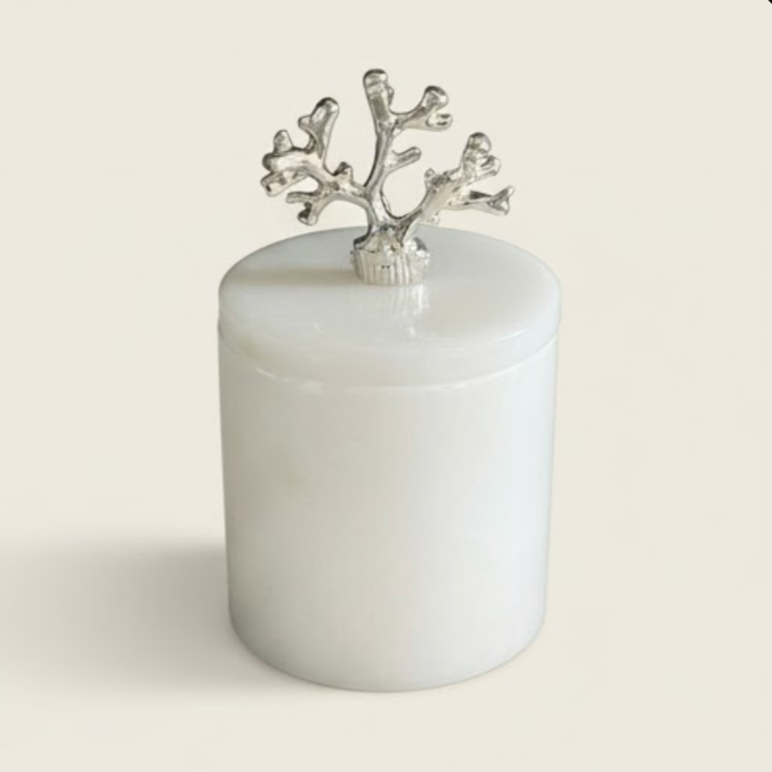 White Marble Decorative Storage Box with Silver Coral Detail – Handcrafted