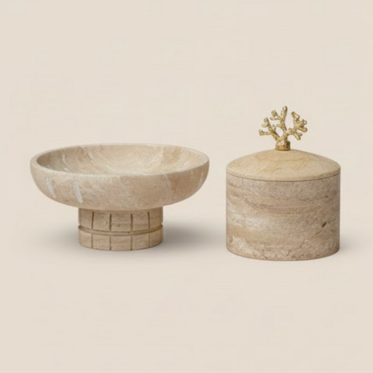 Travertine Decorative Storage Box & Pedestal Bowl Set – Set of 2