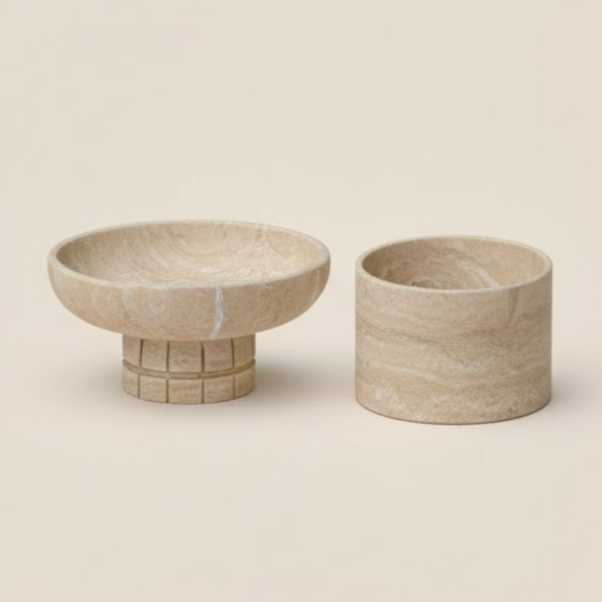 Travertine Decorative Storage Box & Pedestal Bowl Set – Set of 2