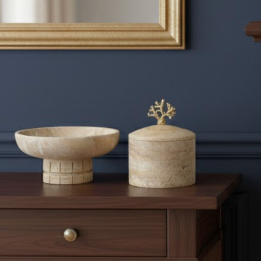 Travertine Decorative Storage Box & Pedestal Bowl Set – Set of 2