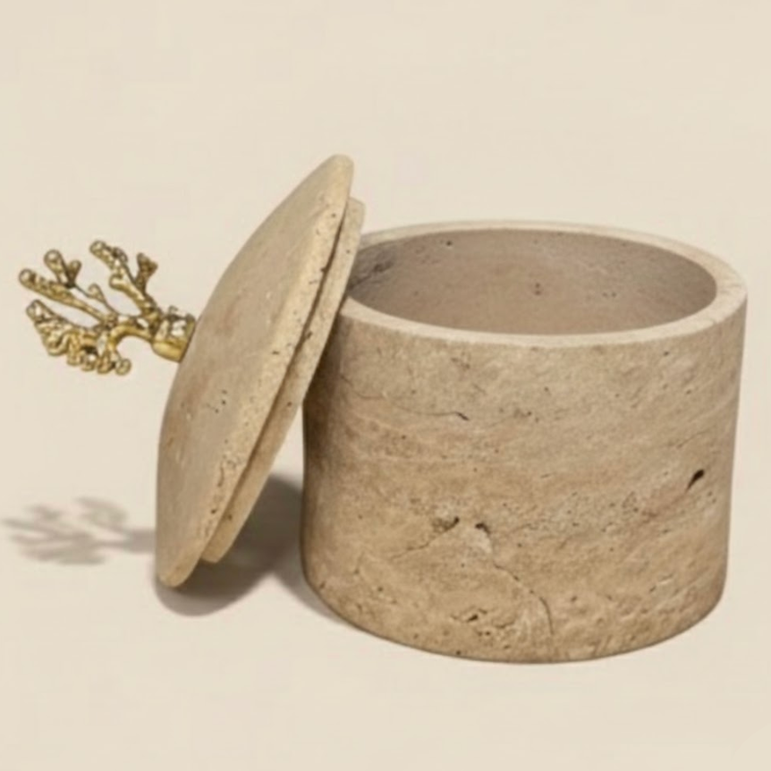 Travertine Natural Stone Decorative Storage Box with Gold Detail