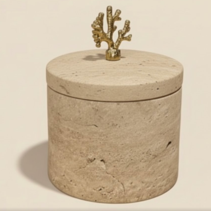 Travertine Natural Stone Decorative Storage Box with Gold Detail