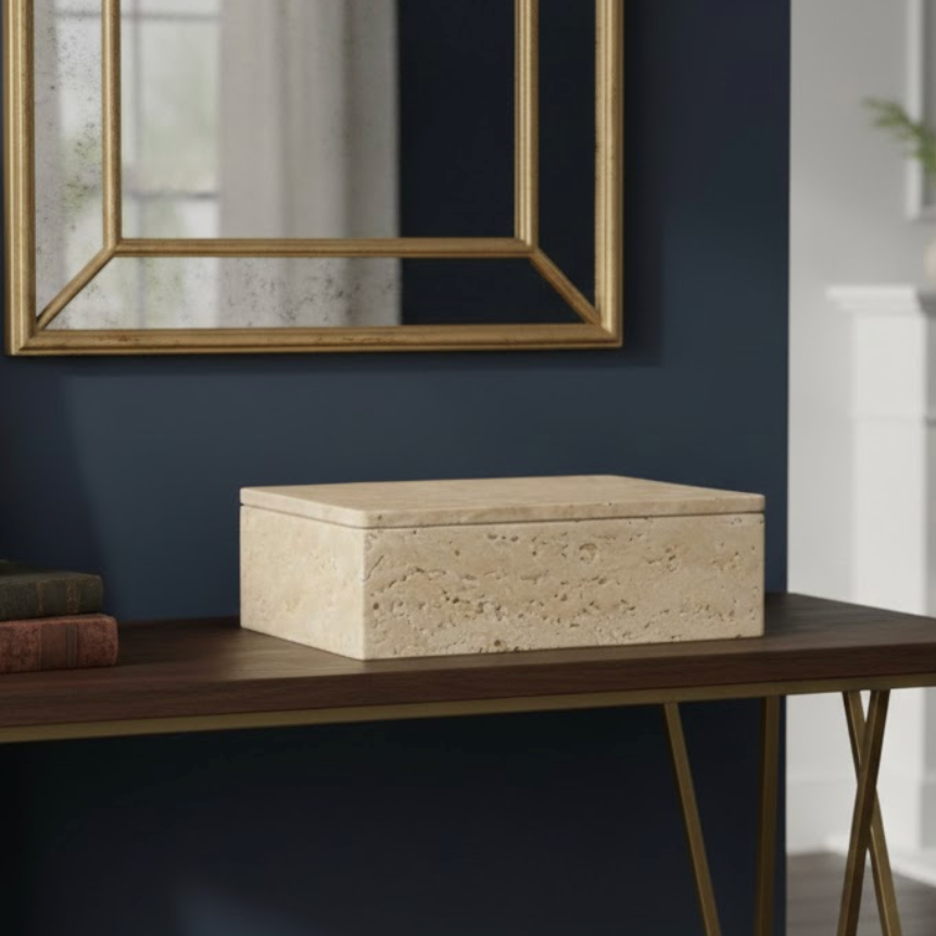 Travertine Natural Stone Decorative Storage Box – Handcrafted