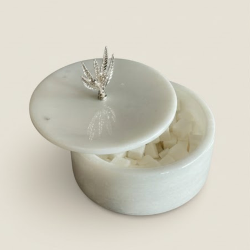 White Marble Decorative Storage Box with Silver Olive Branch Detail
