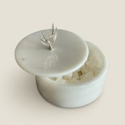 White Marble Decorative Storage Box with Silver Olive Branch Detail