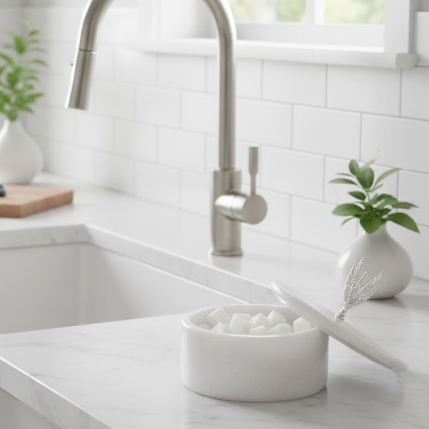 White Marble Decorative Storage Box with Silver Olive Branch Detail