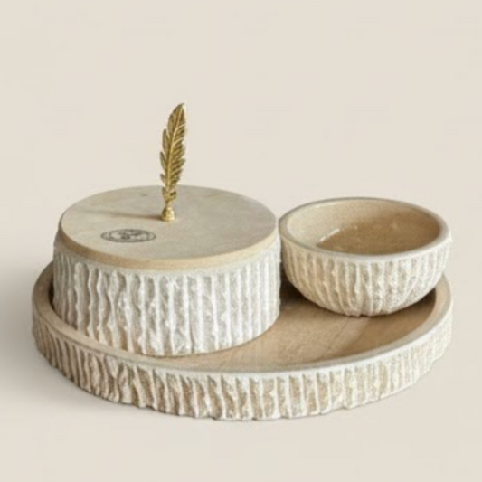 Natural Marble Decorative Tray, Lidded Box & Bowl Set – 3 Pieces