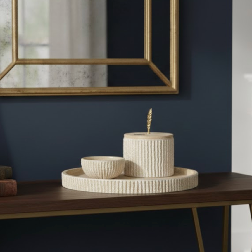 Natural Marble Decorative Tray, Lidded Box & Bowl Set – 3 Pieces