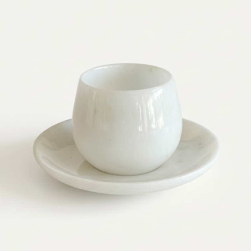 White Marble Coffee Cup & Saucer Set – Set of 6