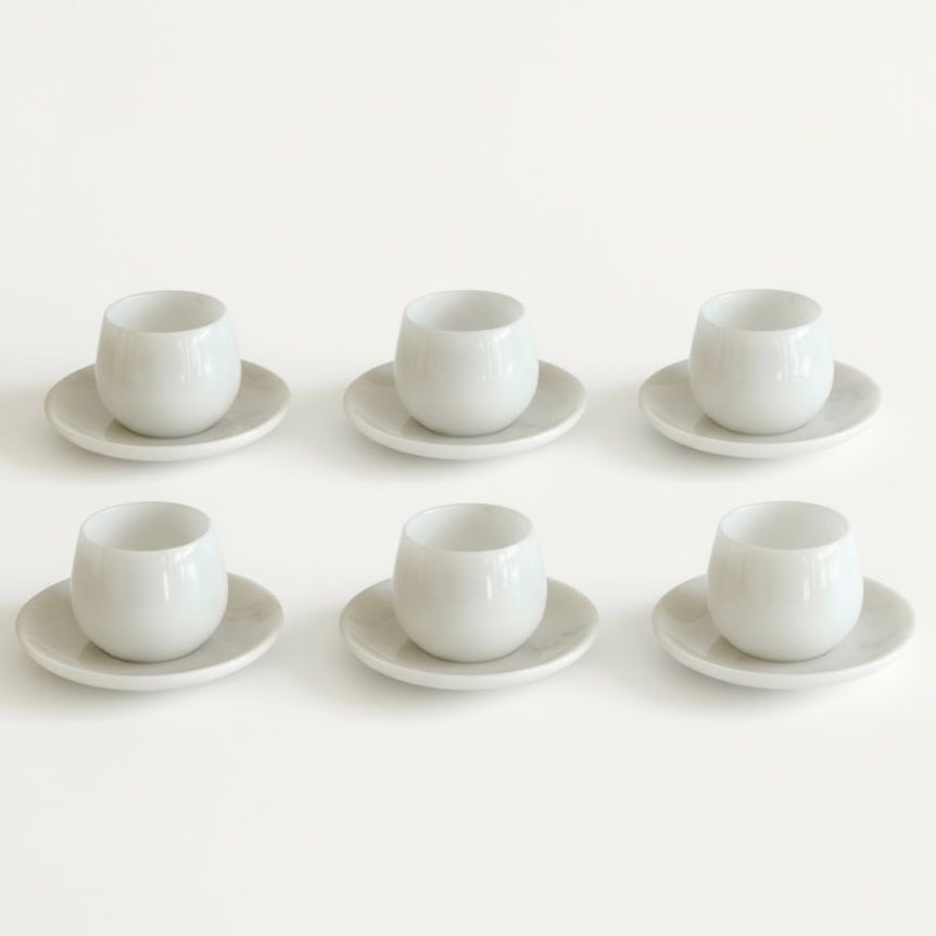 White Marble Coffee Cup & Saucer Set – Set of 6
