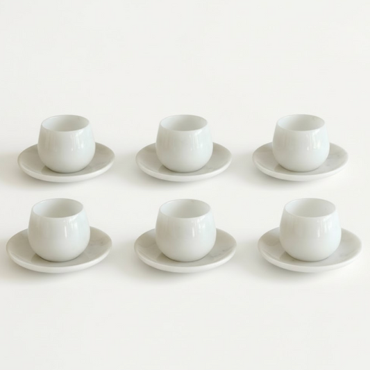 White Marble Coffee Cup & Saucer Set – Set of 6