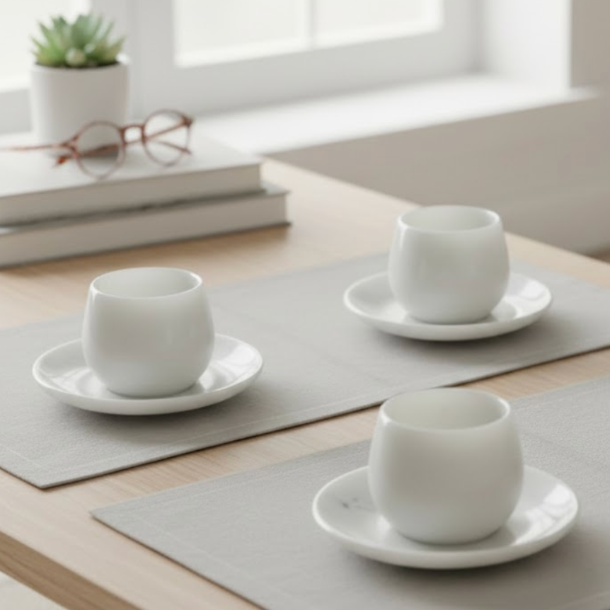 White Marble Coffee Cup & Saucer Set – Set of 6