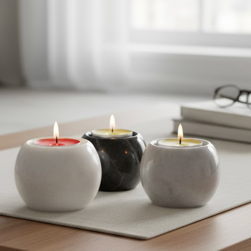 Natural Marble Candle Holder Set – Set of 3 (White, Gray & Black)