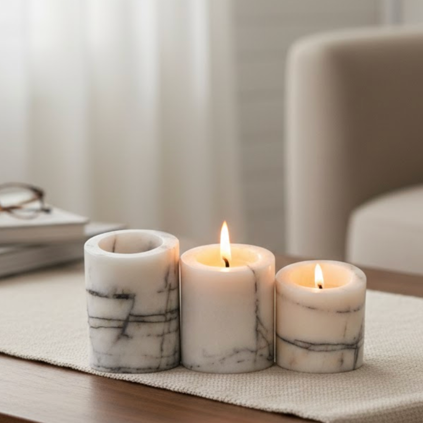 Lilac Cut Marble Candle Holder Set – Set of 3