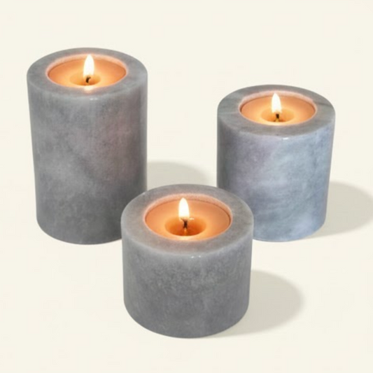 Gray Marble Candle Holder Set with Poured Candles – Set of 3