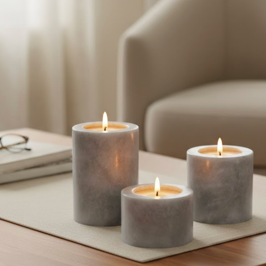 Gray Marble Candle Holder Set with Poured Candles – Set of 3