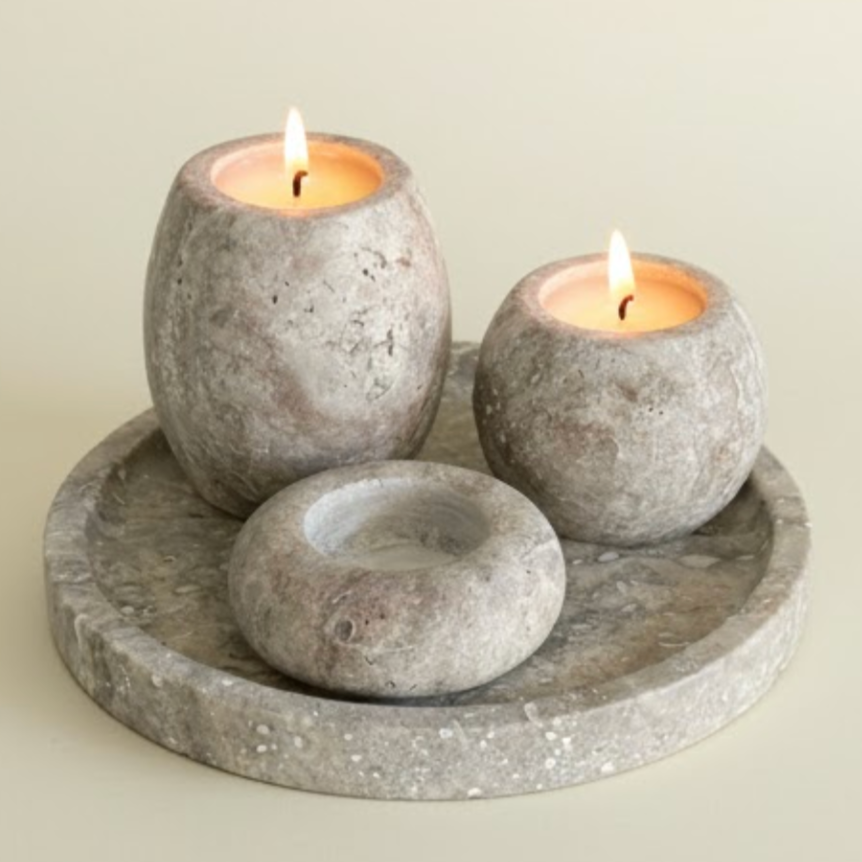 Silver Travertine Candle Holder Set with Tray – Set of 4